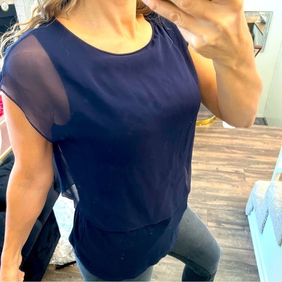 Elie Tahari Navy Blue Sheer Layered Sleeveless Chiffon 100% Silk Overlay Top S - Picture 4 of 11